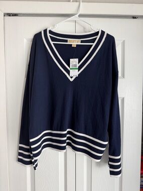 Michael Kors Navy V-Neck Sweater with White Stripe Trim